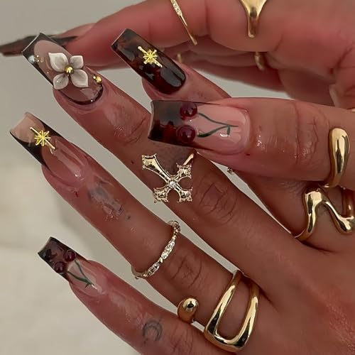  Cherry Press on Nails Review – Long Square Shaped Nails with 3D Elegance 🌸