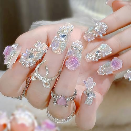  Decorate Press on Nails Review – Cute 5D Flower & Pearl Rhinestone Coffin Nails That Actually Last