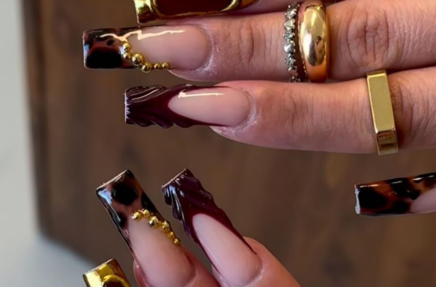  Long Press on Nails Review – Square French Tips with Leopard Print & Gold Rhinestones ✨