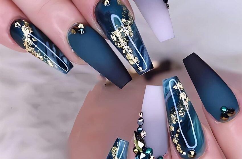 Long Press Coffin Fake Nails French Marble with Glitter Rhinestones – My Honest Review