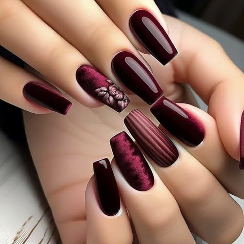  Wine Red Press on Nails Acrylic Medium Length Flower Stripe Pattern – My Honest Review