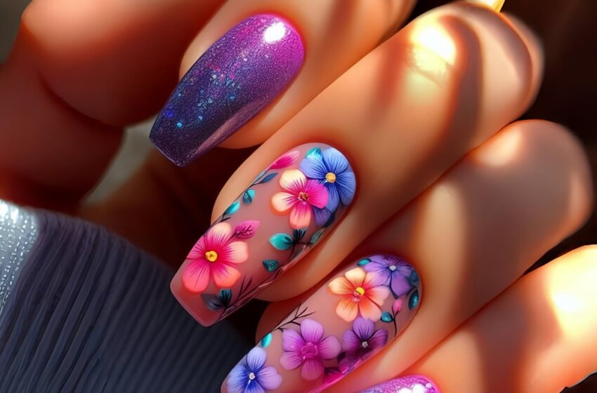  Press On Nails Medium Length – Colorful Flower Design with Purple Glitter (My Honest Review)